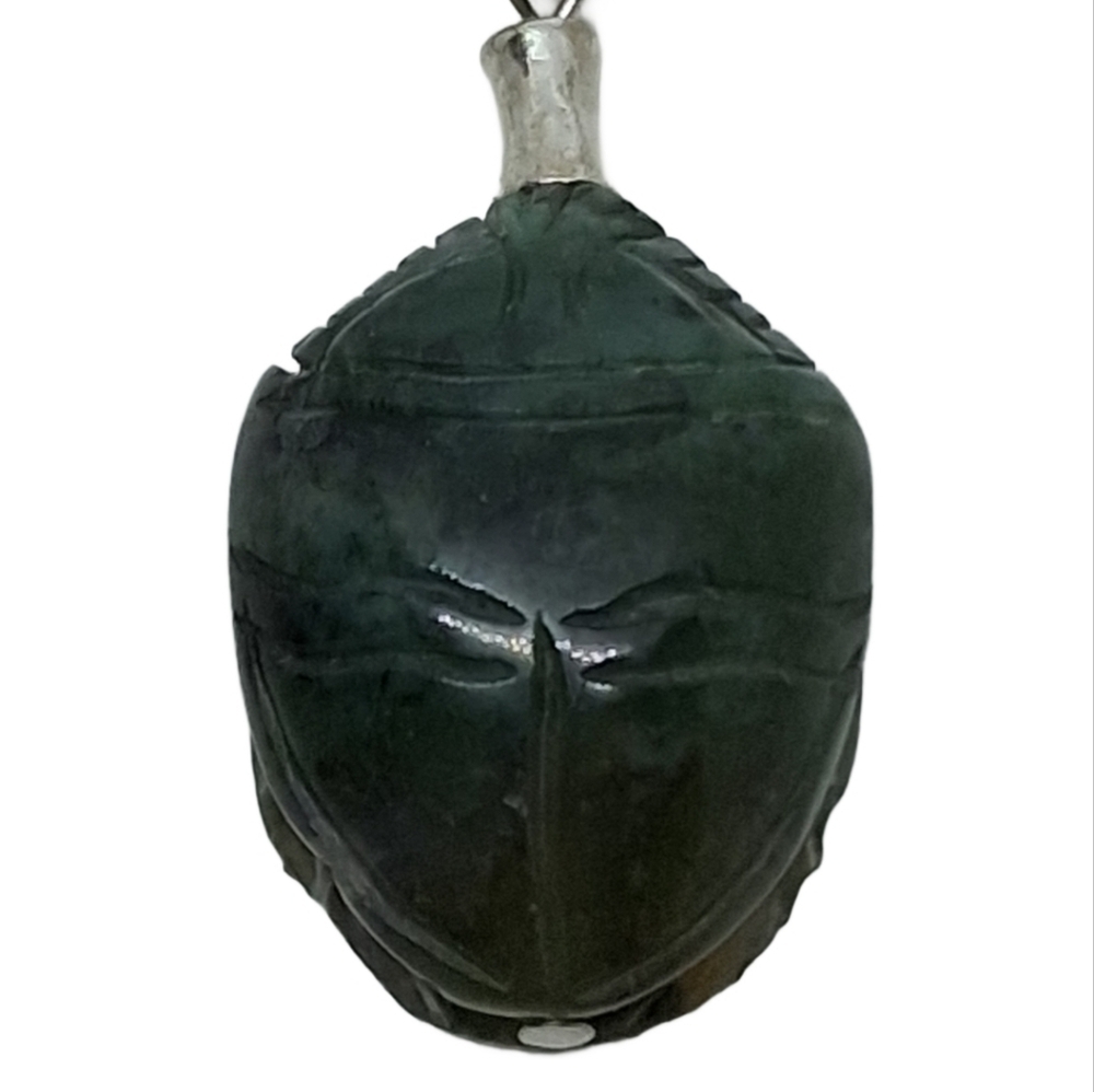 VTG Sterling Silver Carved Green Stone Scarab Pendant Necklace -Egyptian Revival